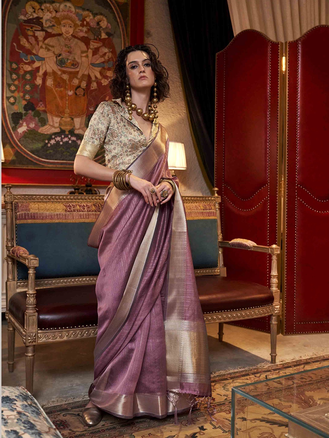 

DIVASTRI Woven Design Zari Saree, Mauve