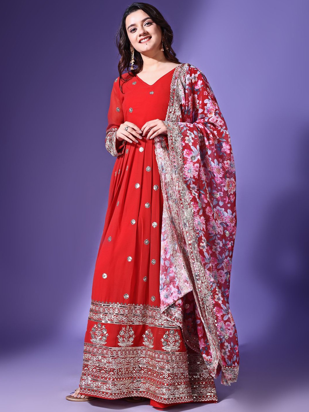 

Fashion Basket Women Floral Embroidered Anarkali Gown and Dupatta Set, Red