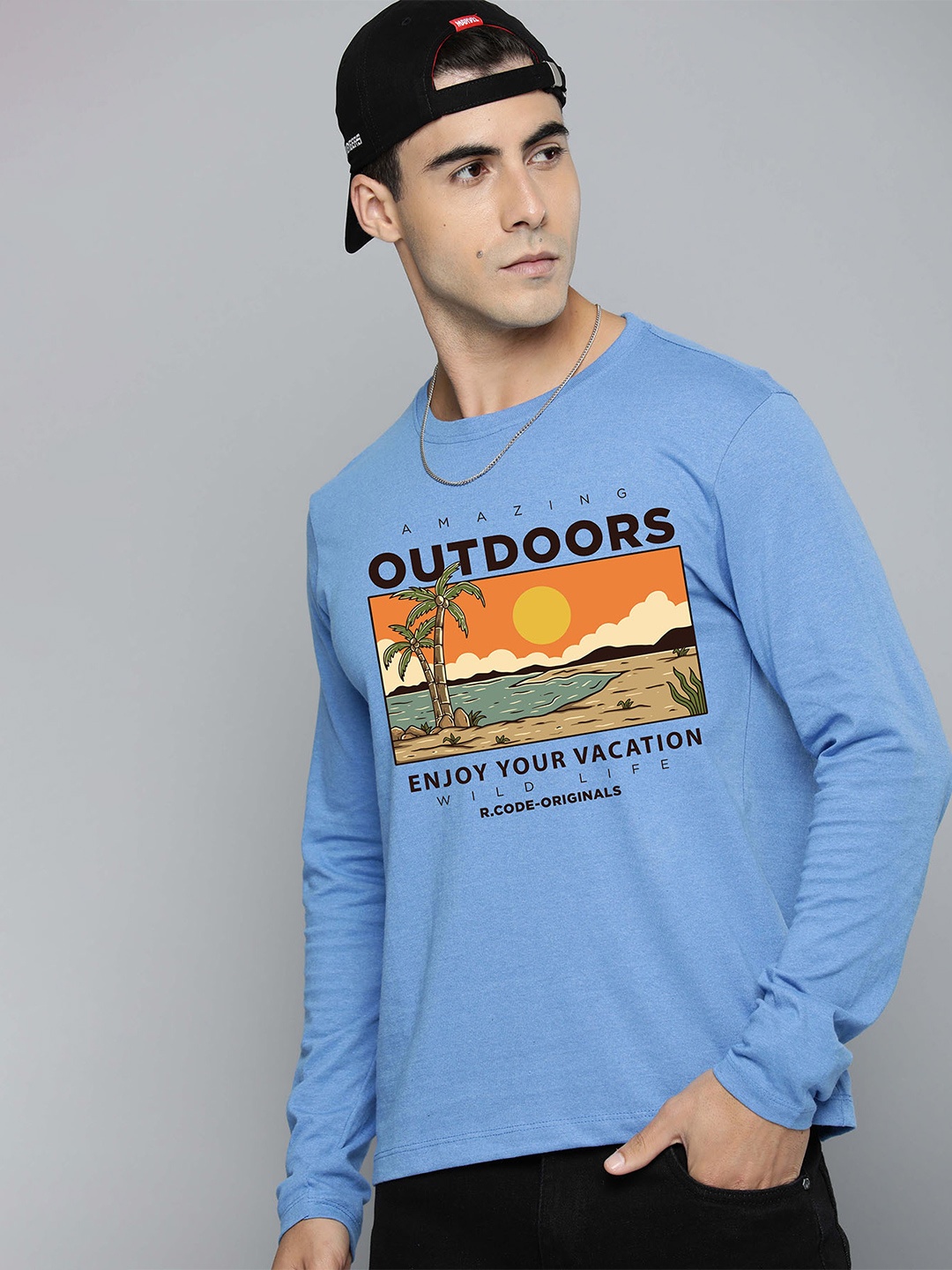 

R.Code by The Roadster Lifestyle Co. Men Graphic Printed Round Neck Cotton T-shirt, Blue