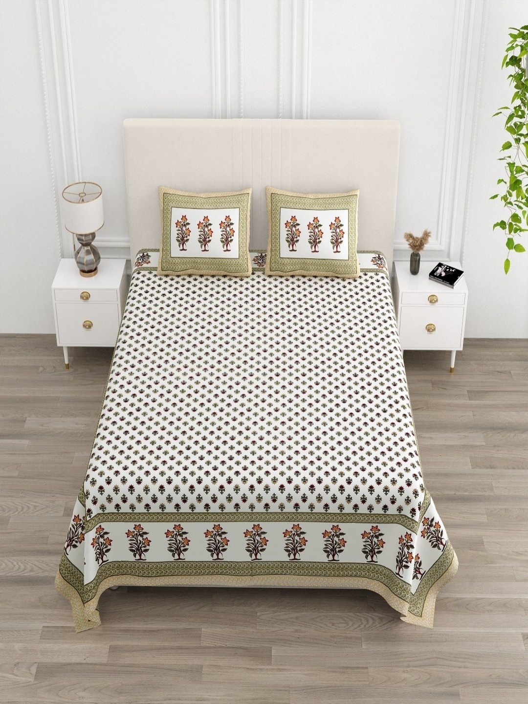 

tundwal's White & Green Floral Printed Cotton 210 TC King Bedsheet Set 2.74 m x 2.28 m