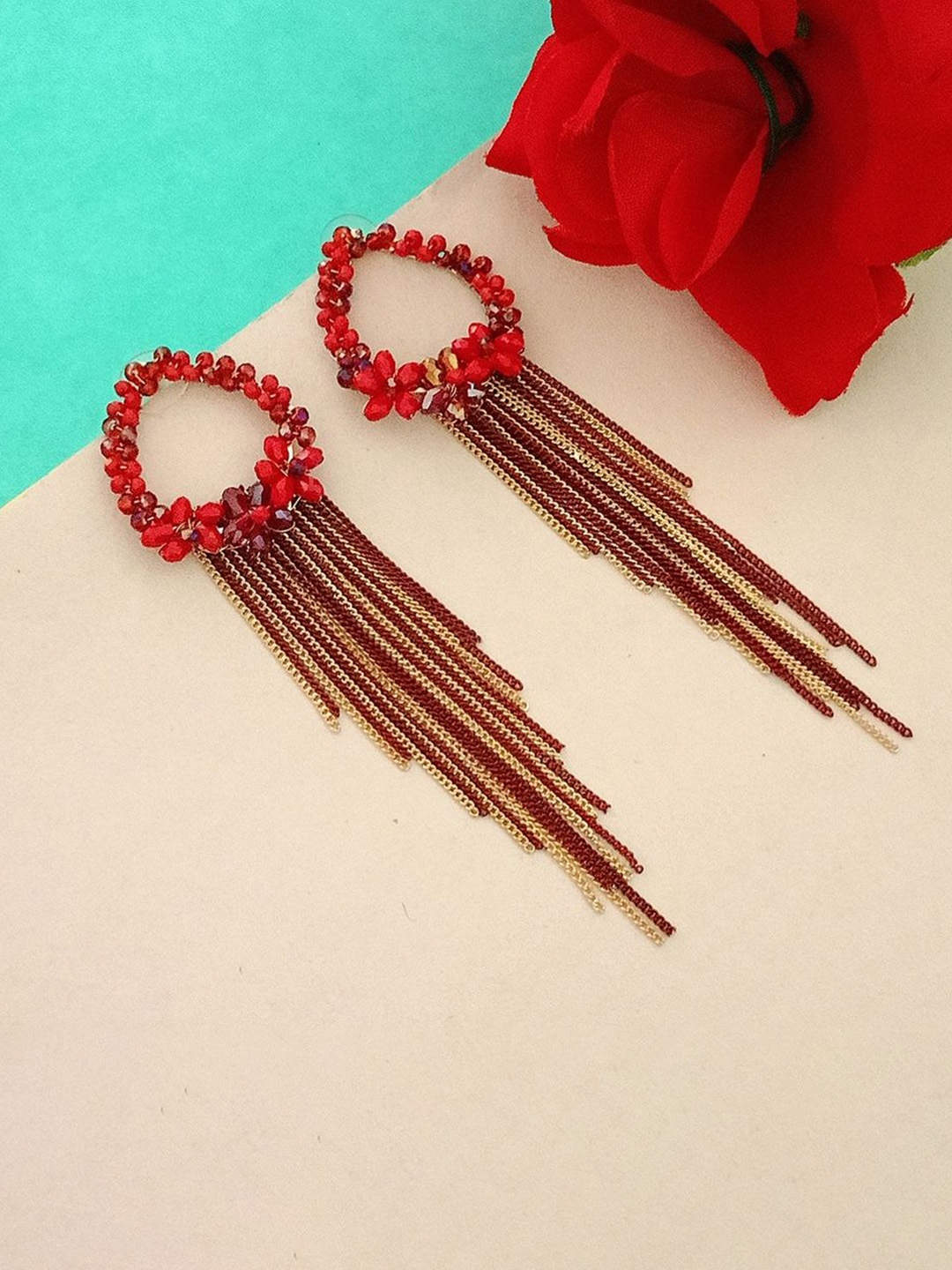 

DIVASTRI Gold-Plated Contemporary Shaped Artificial Beads Drop Earrings, Red