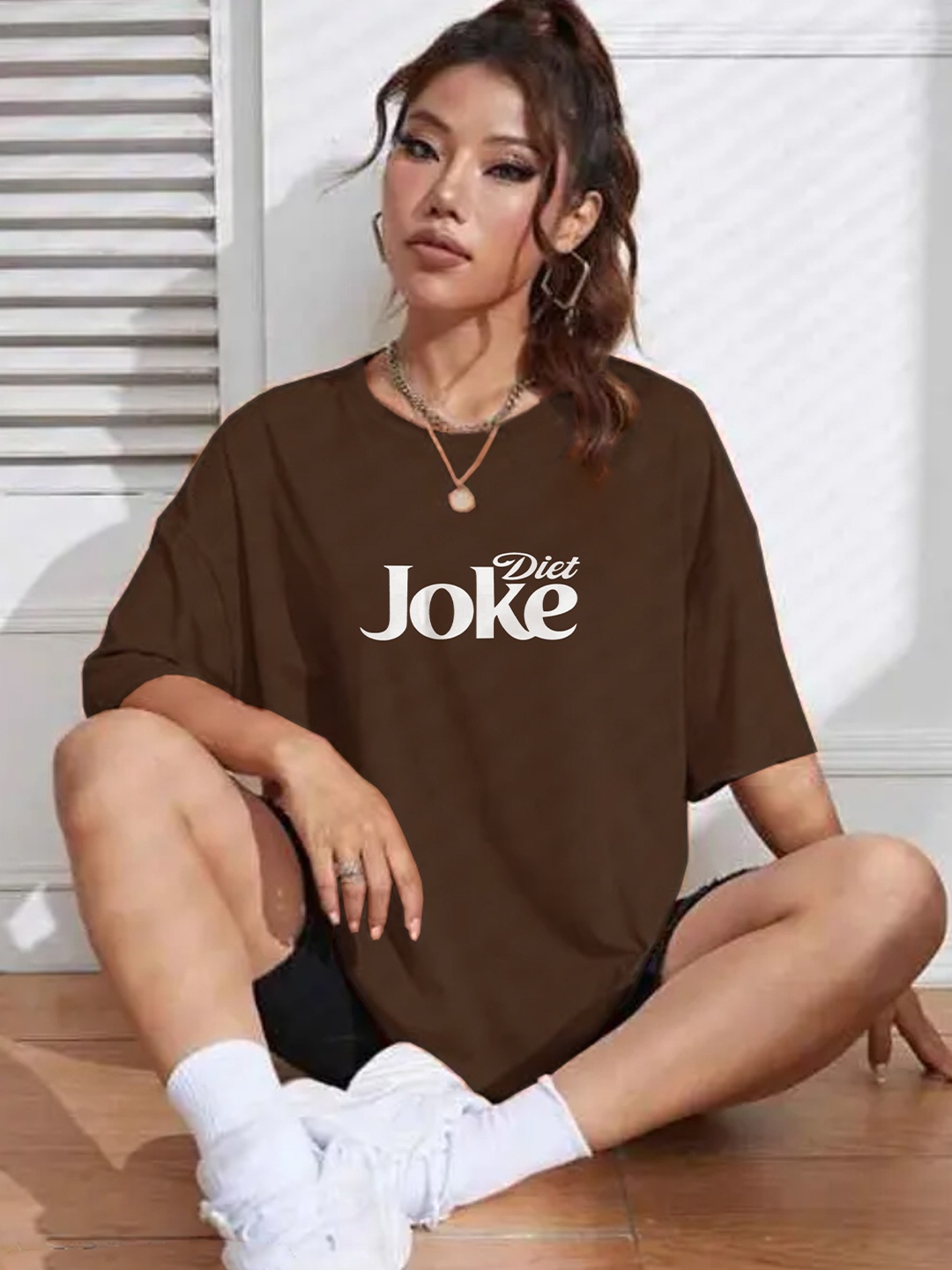 

TOGS & TERRE Women Typography Printed Round Neck Cotton Oversized T-shirt, Brown
