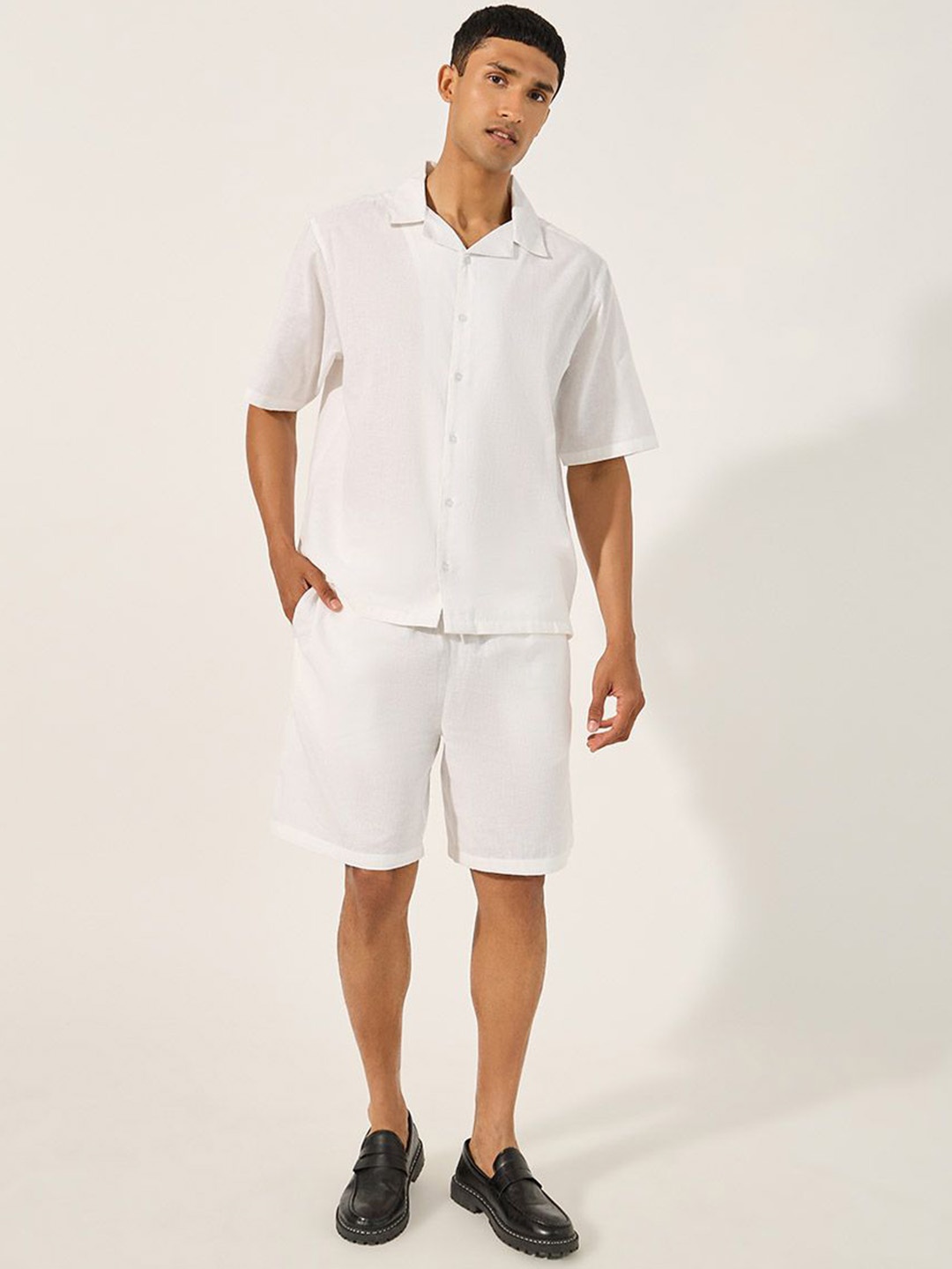 

Styli Men Linen Blend Relaxed Fit Shirt and Shorts Co-ord Set, White