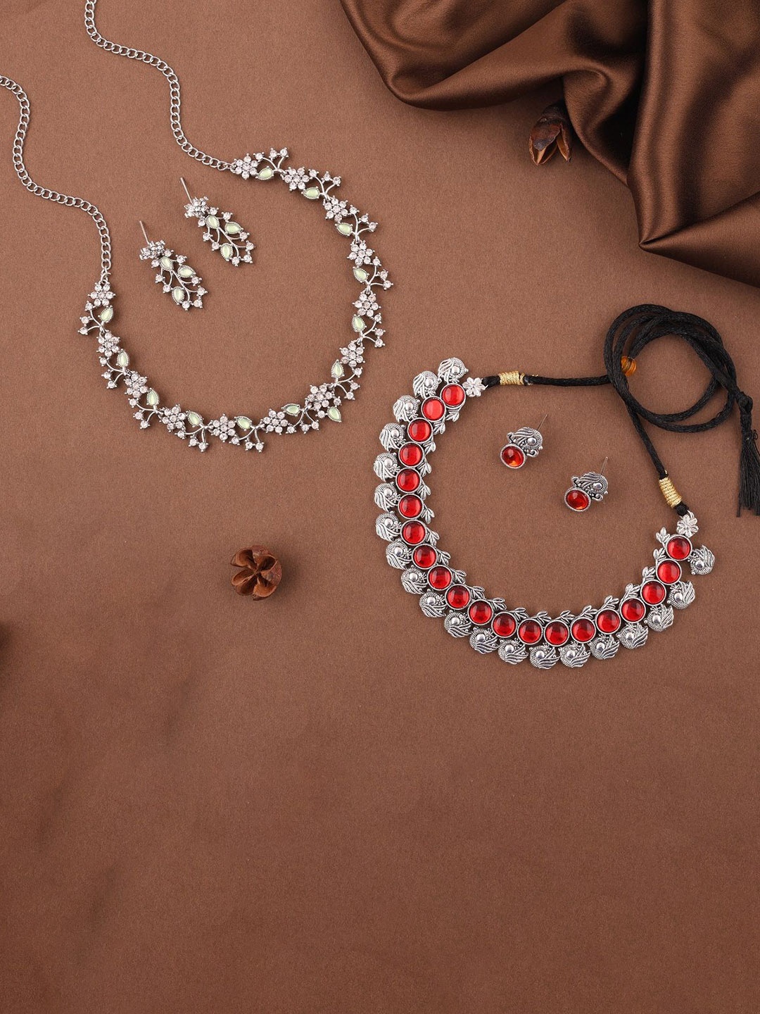 

Lyriss Set Of 2 Silver-Plated American-Diamond-Studded Jewellery Set