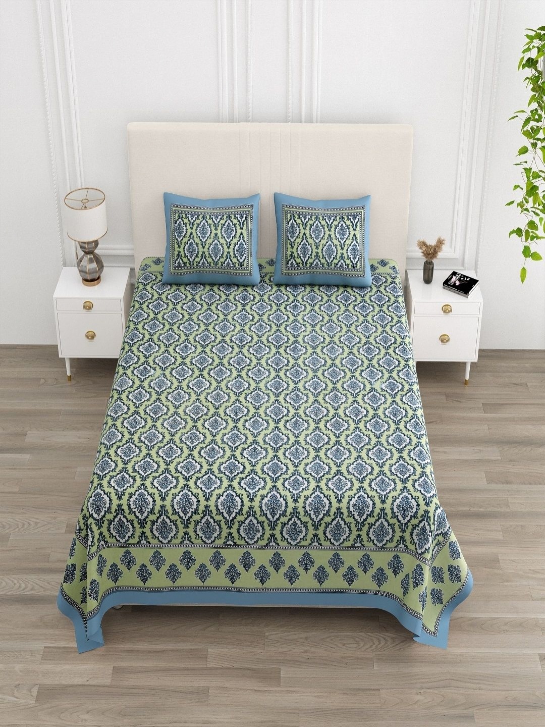 

tundwal's Green & Blue Floral Printed Cotton 210 TC King Bedsheet Set 2.43m x 2.64m
