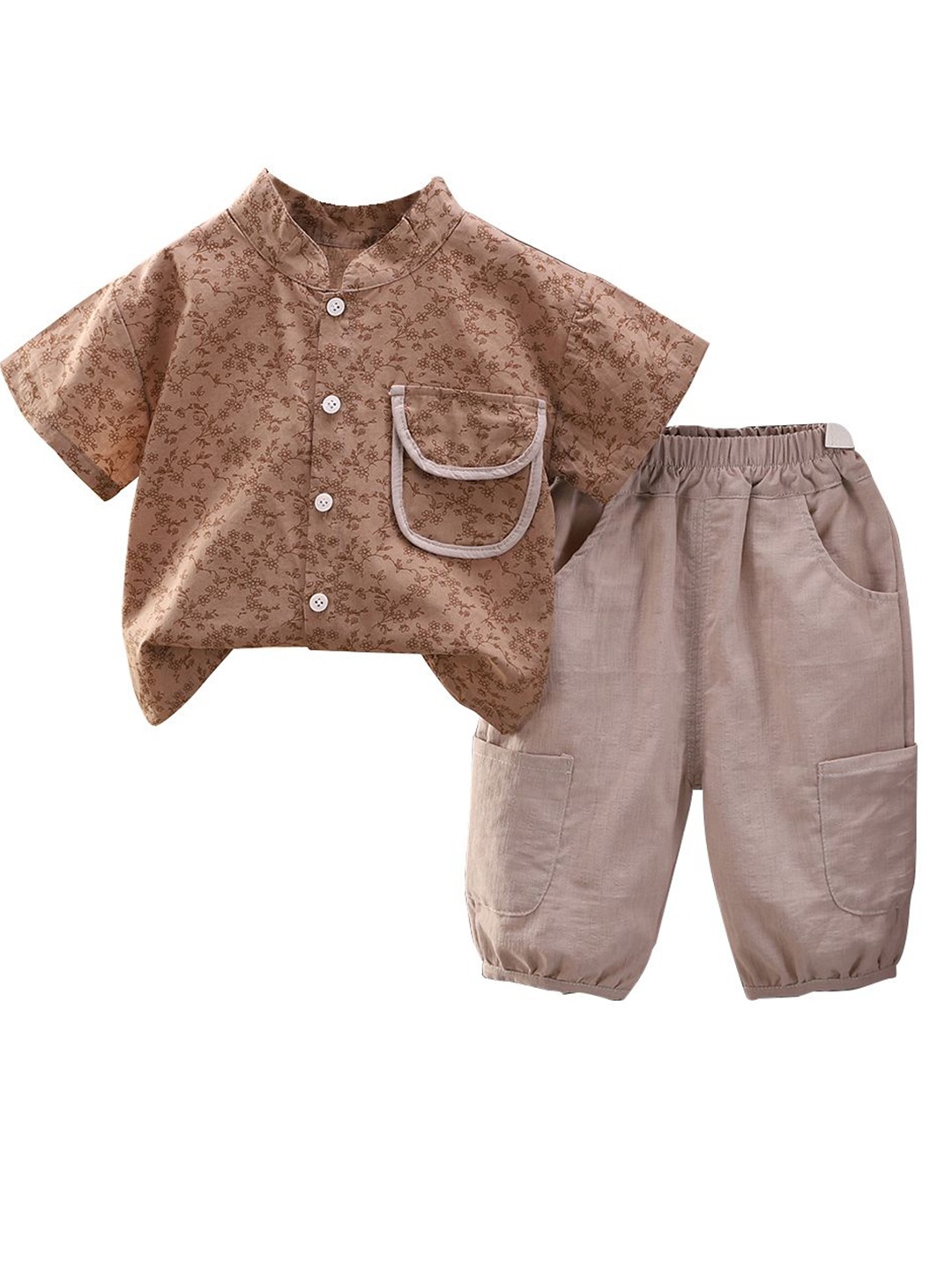 

StyleCast x Revolte Boys Floral Printed Mandarin Collar Shirt With Joggers, Brown