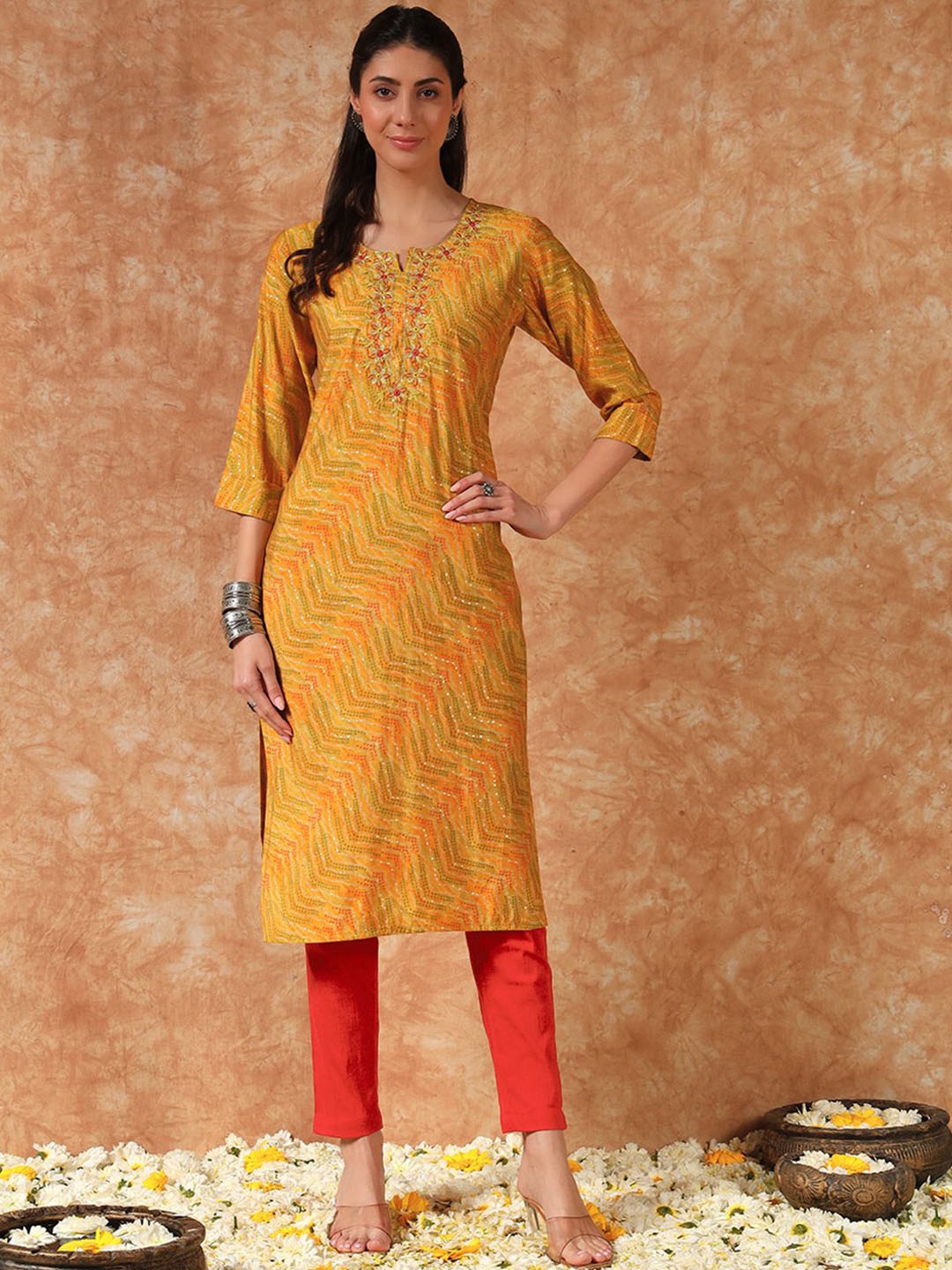 

Meeranshi Bandhani Printed Notch Neck Thread Work Silk Straight Kurta, Yellow