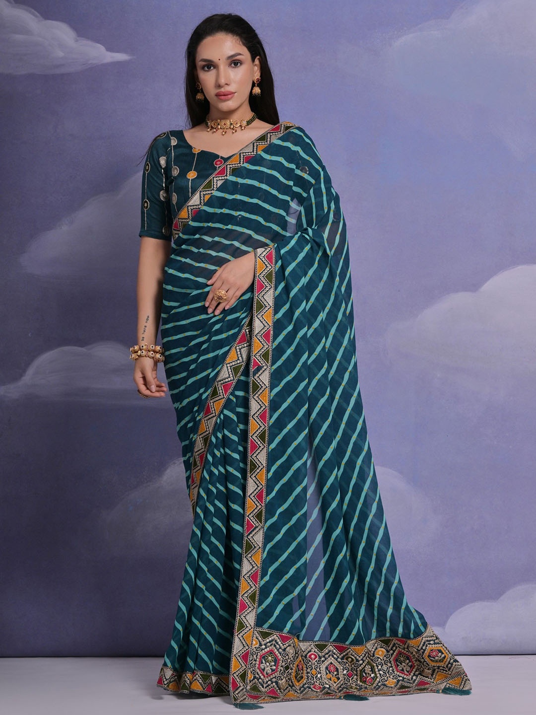 

LeeliPeeri Designer Striped Embroidered Border Saree, Teal