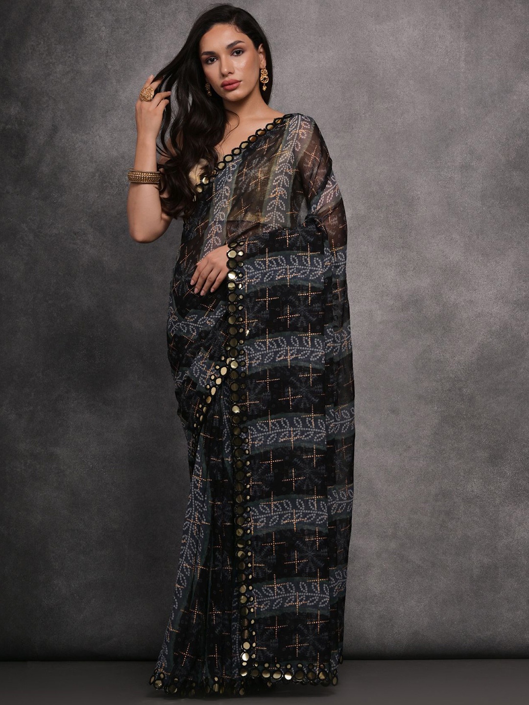 

LeeliPeeri Designer Bandhani Printed Mirror Work Saree, Black
