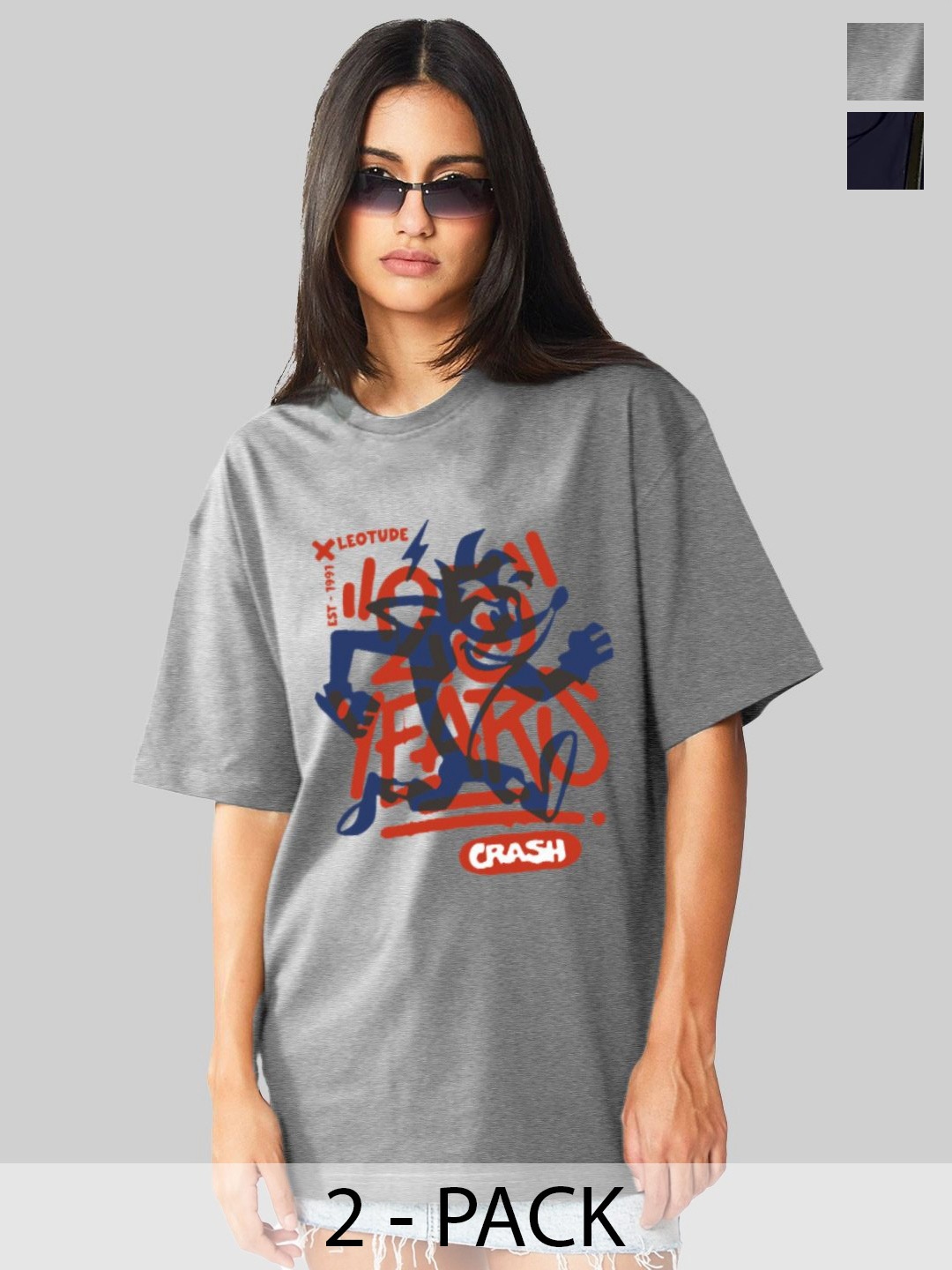 

Leotude Women Pack Of 2 Typography Printed Round Neck Cotton Oversized T-shirts, Grey