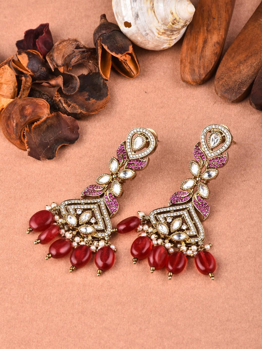 

Reenisaa Gold-Plated Contemporary Shaped Kundan Studded Drop Earrings, Red