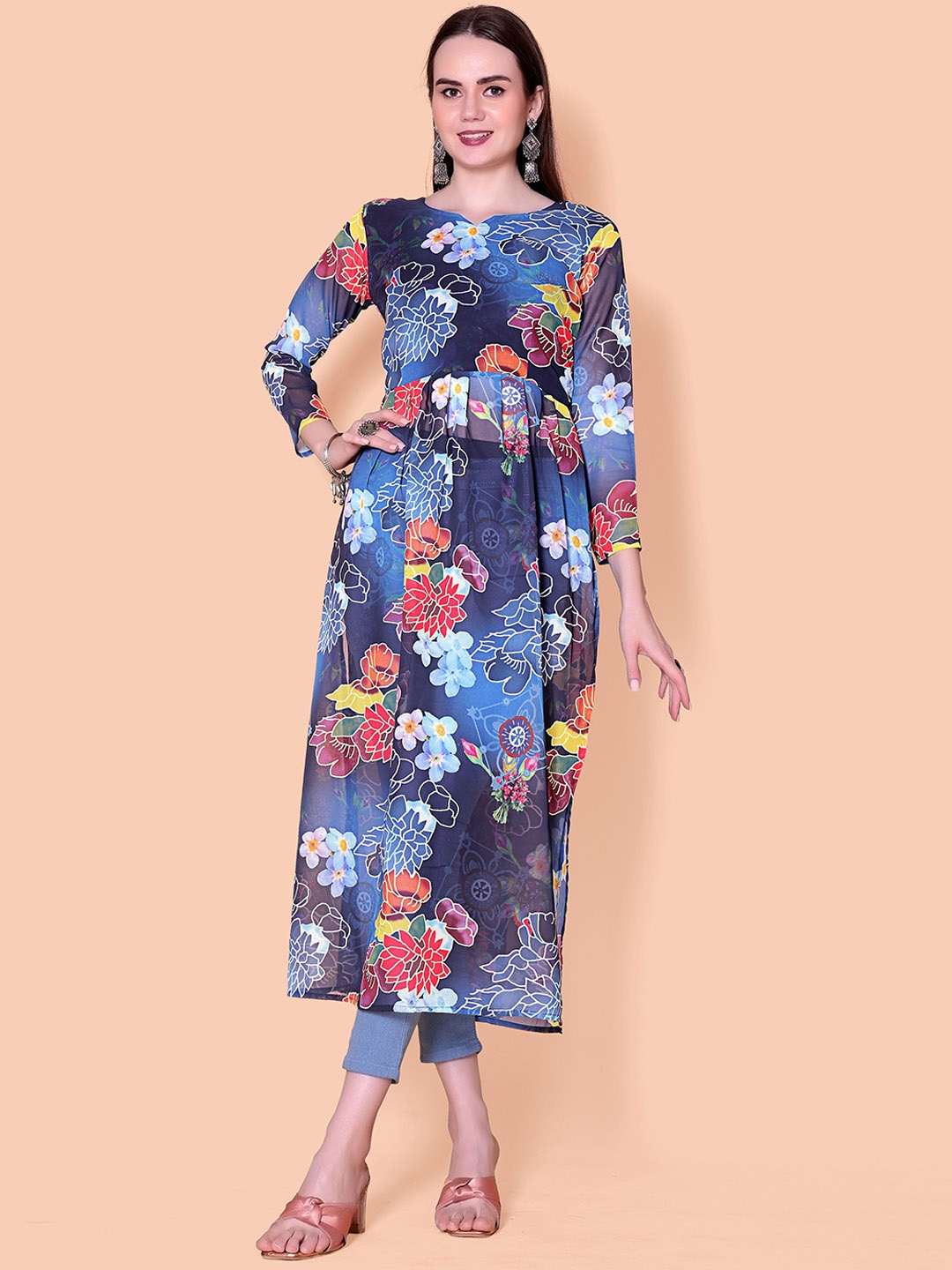 

Rinbin Notch Neck Sequinned Georgette High Slit Straight Kurta, Navy blue