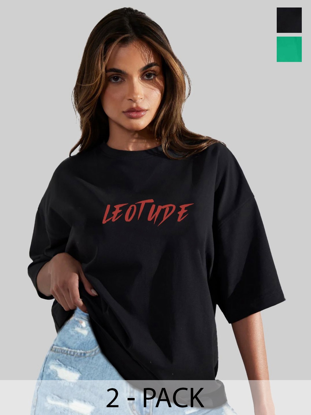 

Leotude Women Pack Of 2 Graphic Printed Round Neck Cotton Oversized T-shirts, Black
