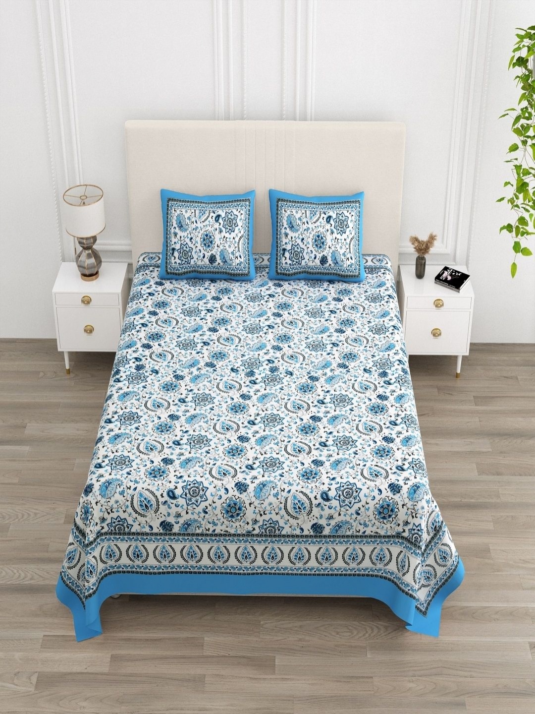 

tundwal's Blue & White Floral Printed Cotton 210TC King Bedsheet Set-2.28 m x 2.54 m