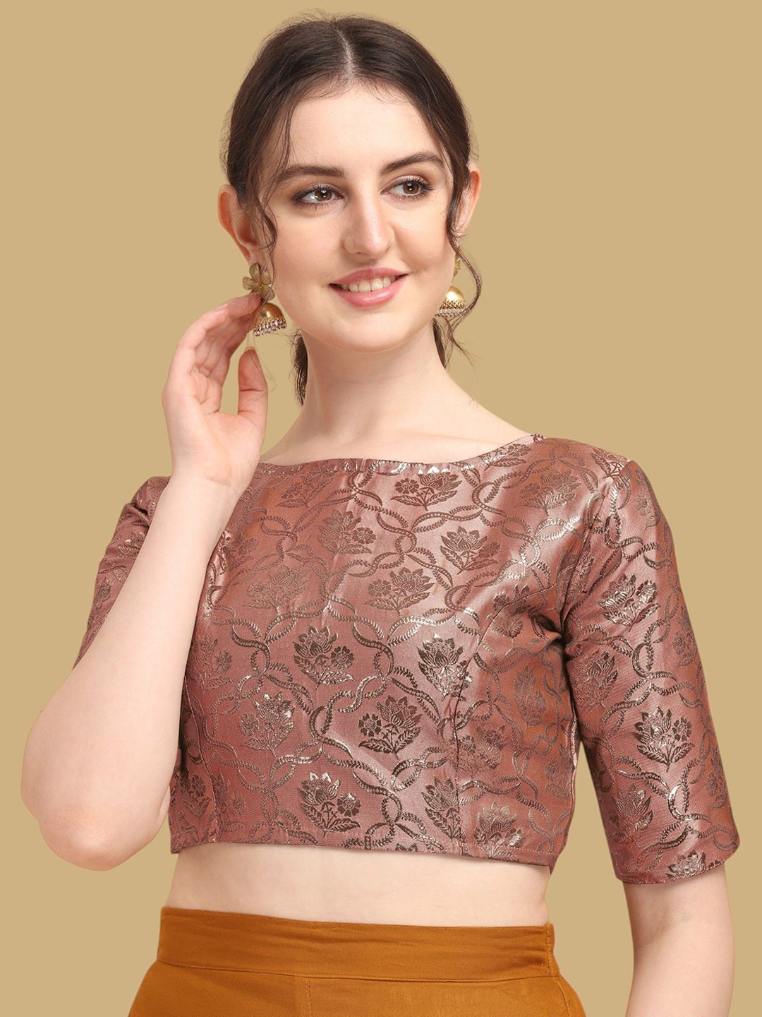

Oomph! Woven Design Boat Neck Jacquard Saree Blouse, Pink