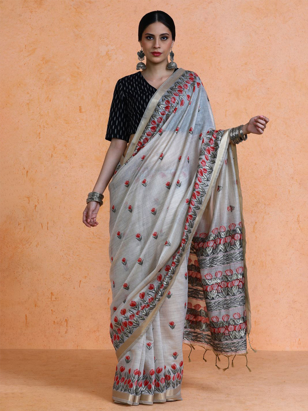 

SARHA Woven Design Muga Cotton Saree, Beige