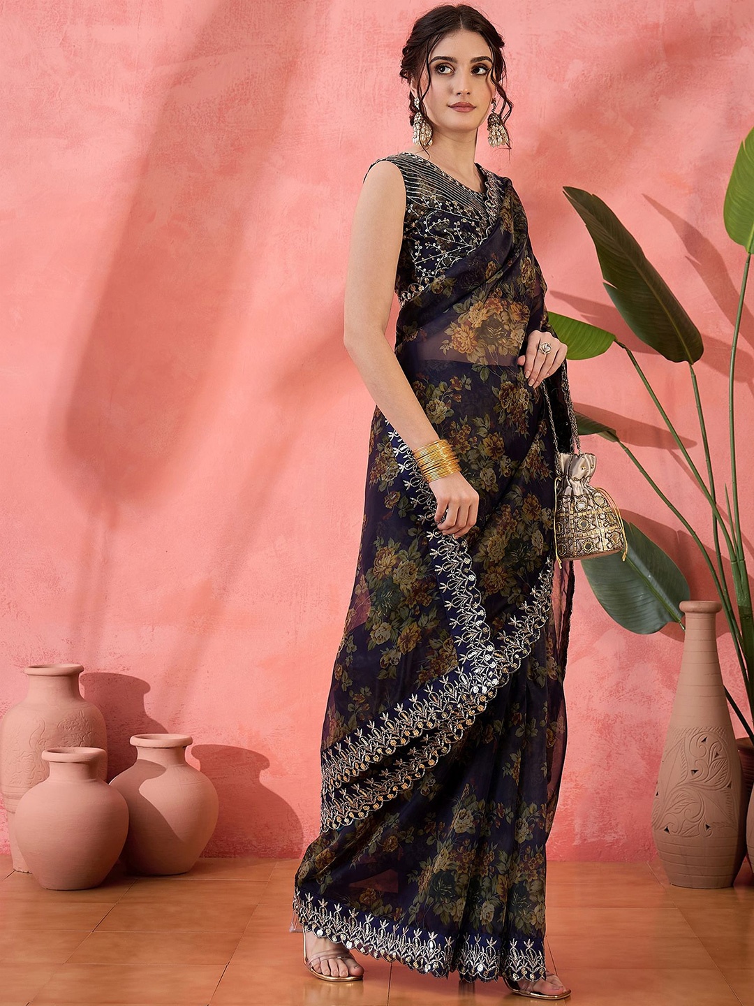 

Sangria Floral Printed Sequinned Embellished Organza Party Wear Saree, Navy blue