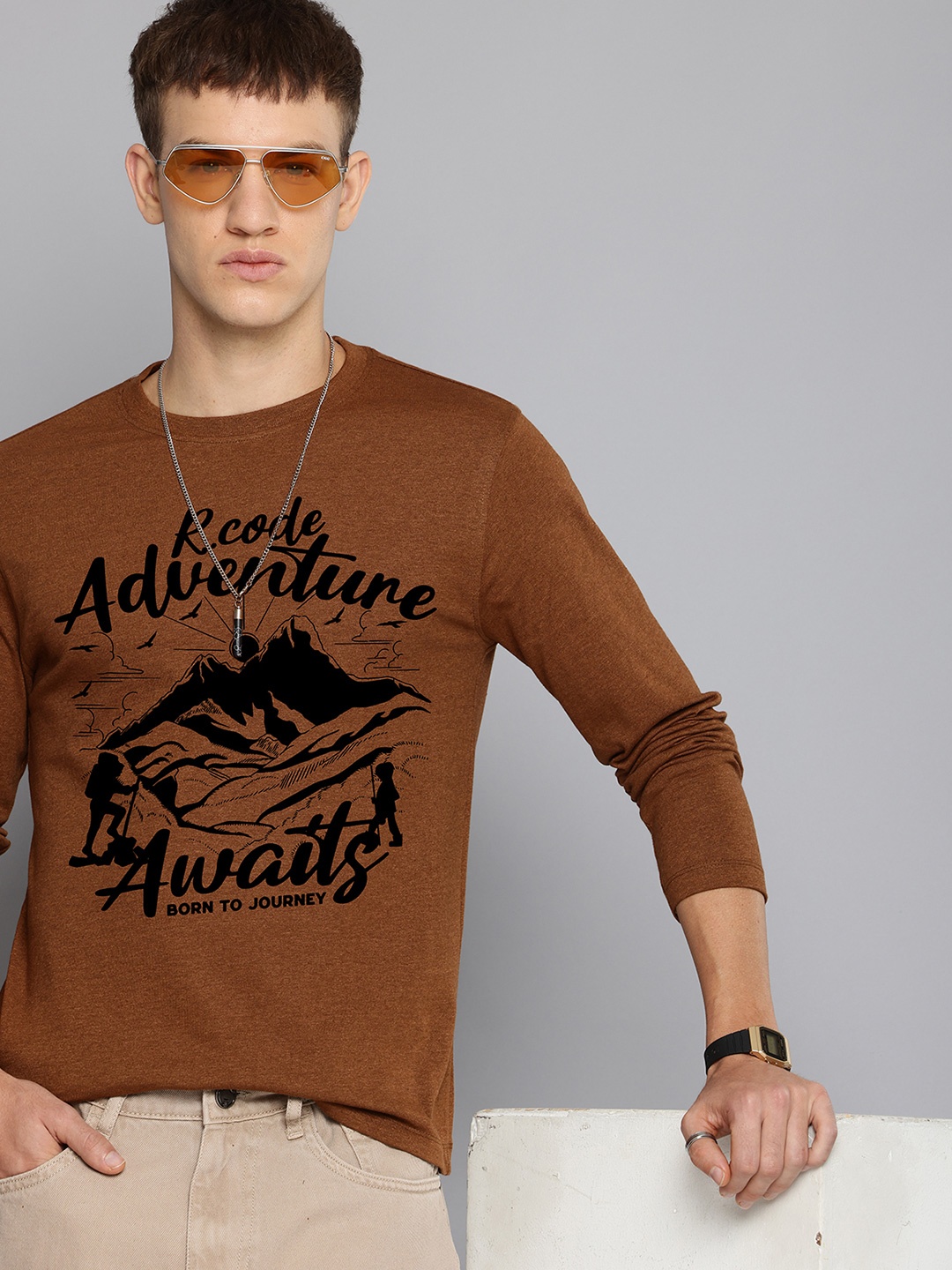 

R.Code by The Roadster Life Co. Men Typography Printed Raw Edge T-shirt, Mustard