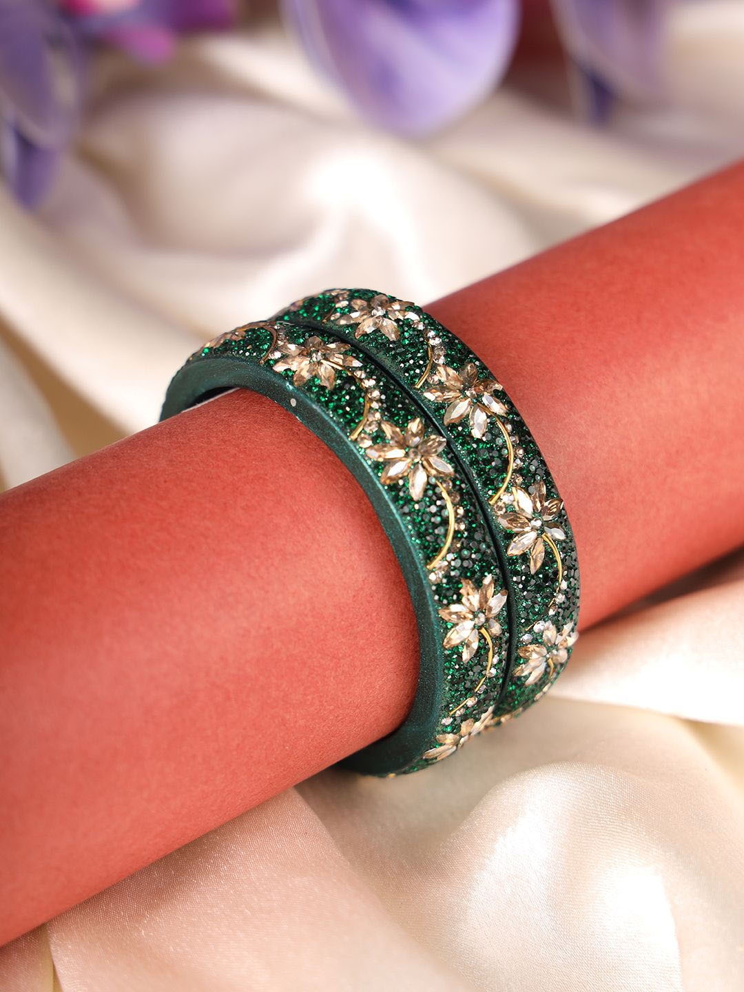 

ZULKA Set Of 2 Floral Diamond Zircon Gemstones & Beads Studded Bangles, Green