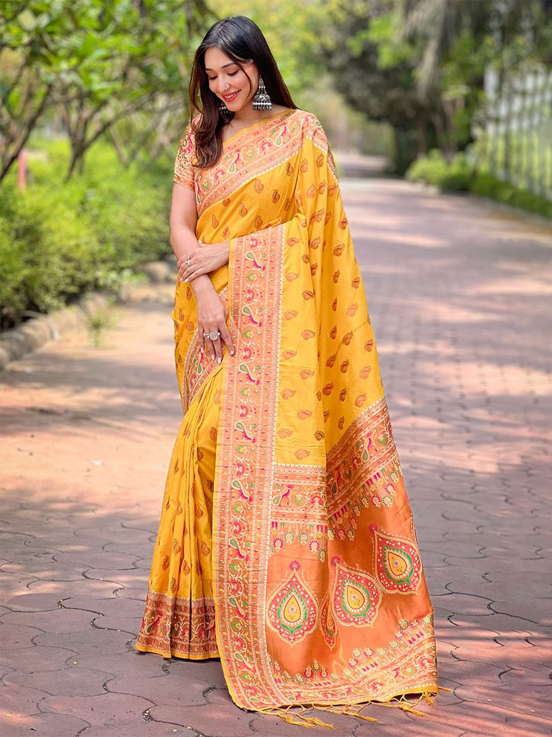 

Rangtulika Ethnics Woven Design Zari Paithani Saree And Contrast Blouse, Yellow