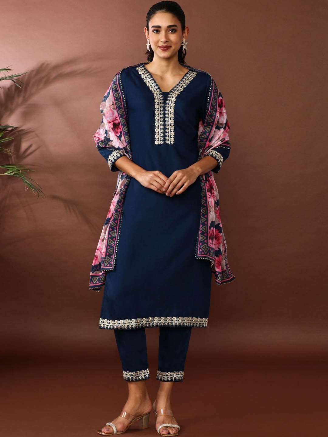 

Jaipur Kurti Embroidered V-Neck Straight Kurta With Trousers And Dupatta, Blue