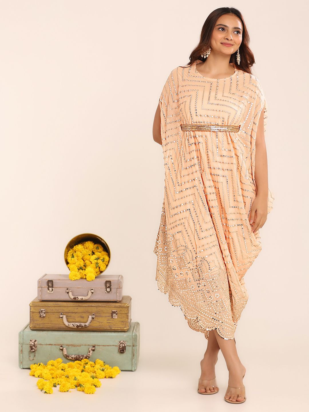 

THE BLESSED WARDROBE Floral Print Georgette Fit & Flare Maxi Dress, Peach