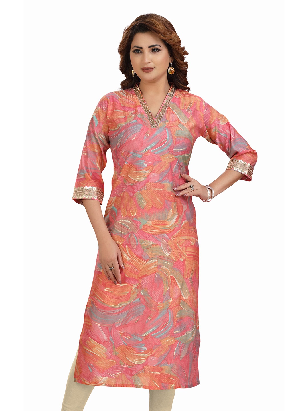 

Meher Impex Abstract Printed V-Neck Chanderi Silk Gotta Patti Straight Kurta, Pink