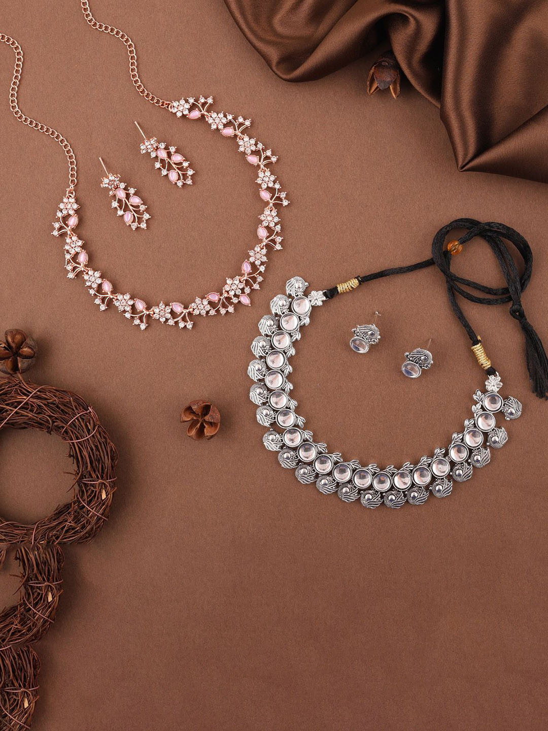 

Lyriss Set Of 2 Rose Gold-Plated & Silver-Plated American-Diamond-Studded Jewellery Set