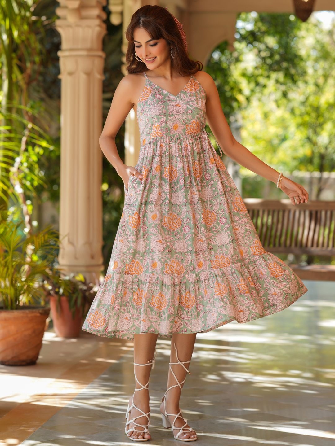 

Janasya Women Light Green Pure Cotton Floral Printed Tiered Dress