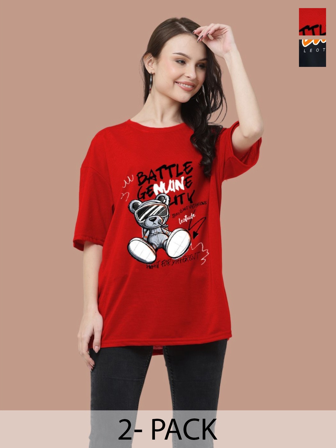 

Leotude Women Pack Of 2 Graphic Printed Round Neck Cotton Oversized T-shirts, Red