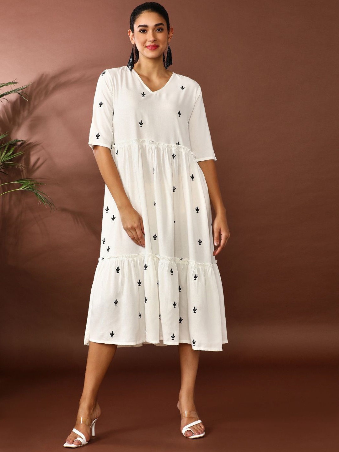 

Jaipur Kurti Floral Embroidered A-Line Midi Ethnic Dress, White