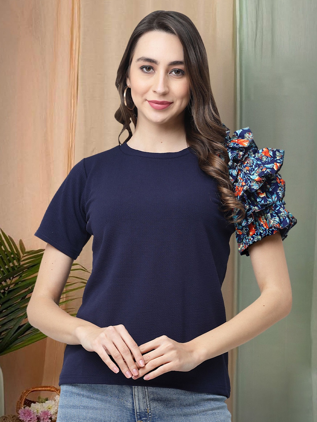 

Moda Rapido Women Flutter Sleeves Top, Navy blue