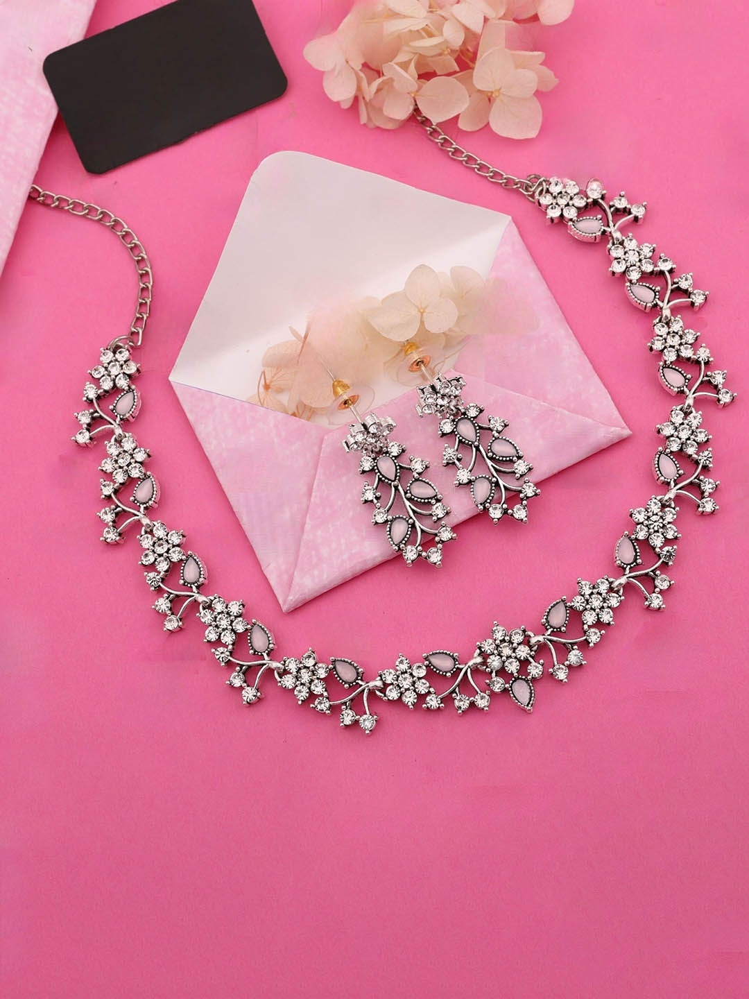 

Lyriss Set Of 2 Silver-Plated American Diamond Studded Jewellery Set, Peach