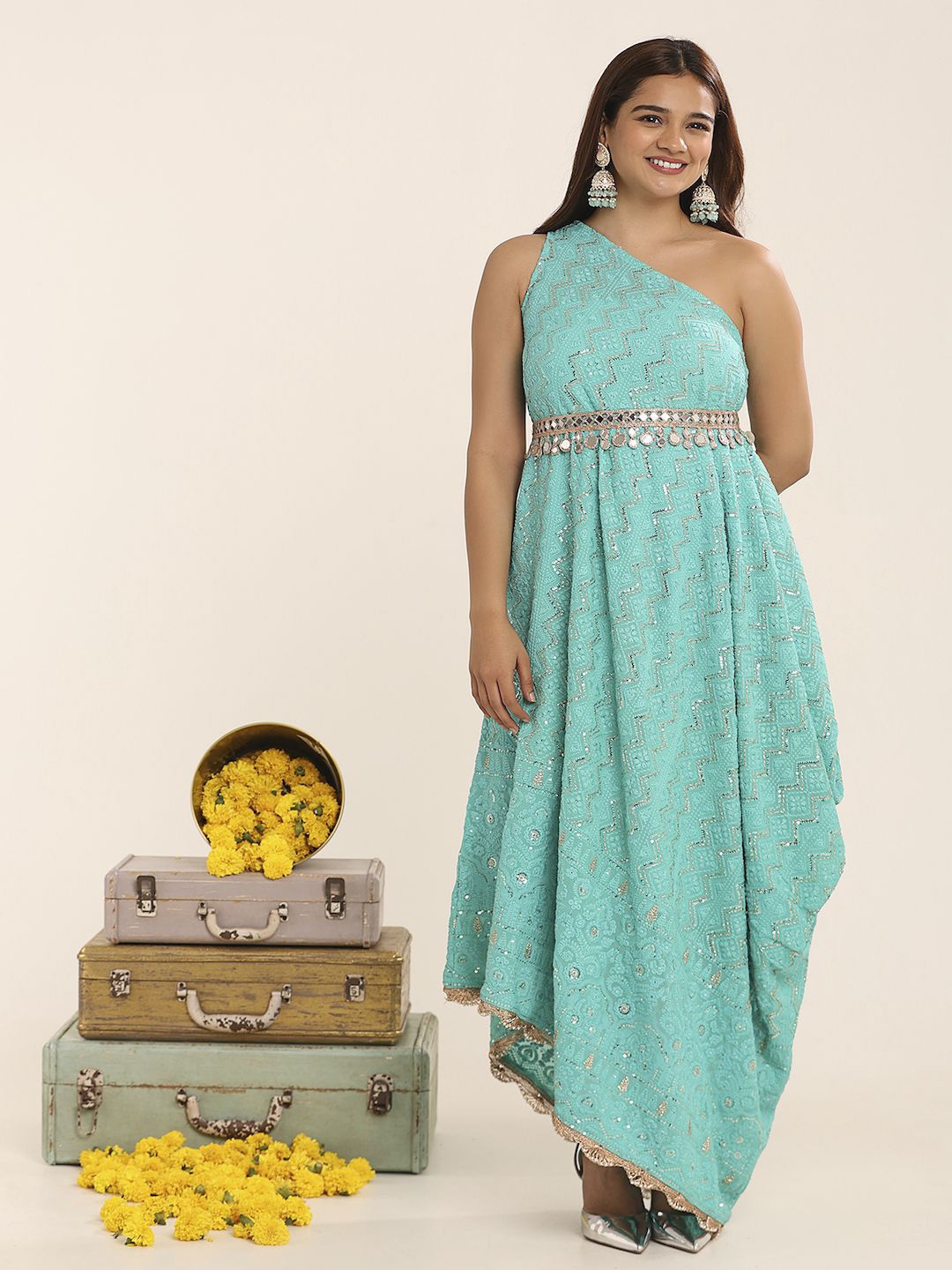

THE BLESSED WARDROBE Women Abstract Fit & Flare Maxi Dress, Blue