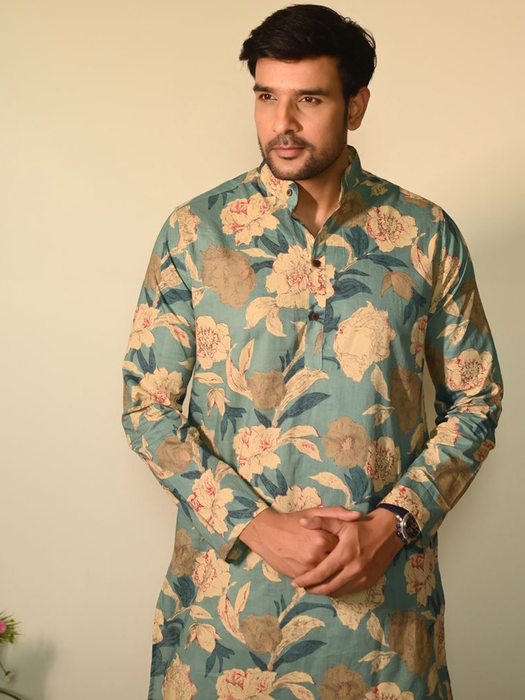 

Style Matters Floral Printed Mandarin Collar Cotton Straight Kurta, Blue