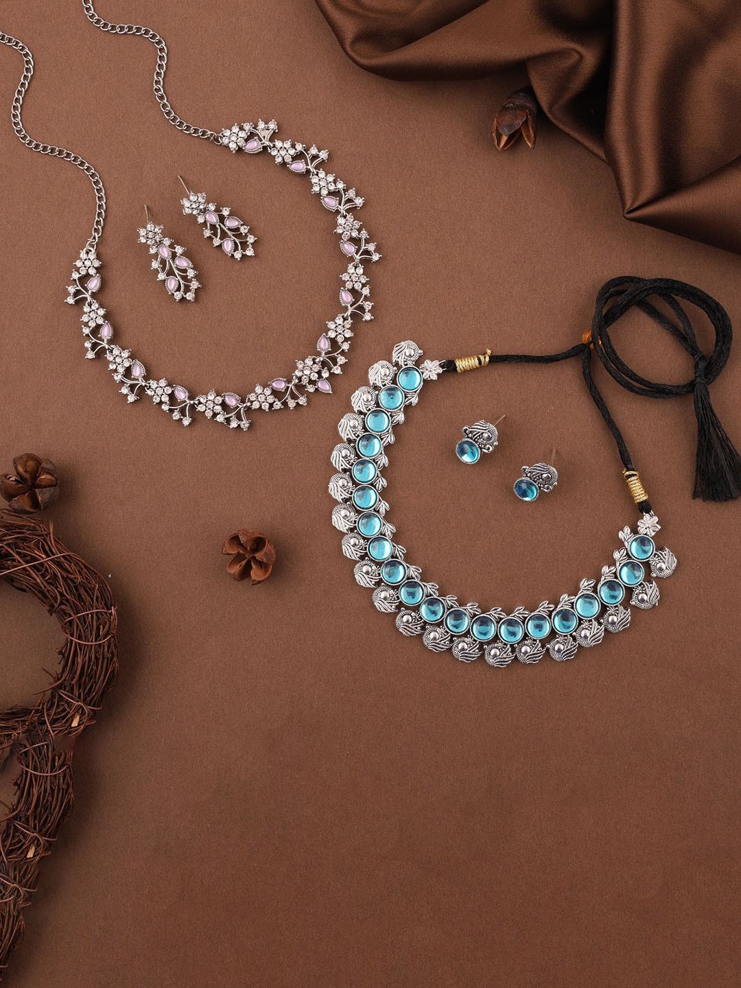 

Lyriss Set Of 2 Silver-Plated American Diamond Studded Jewellery Set