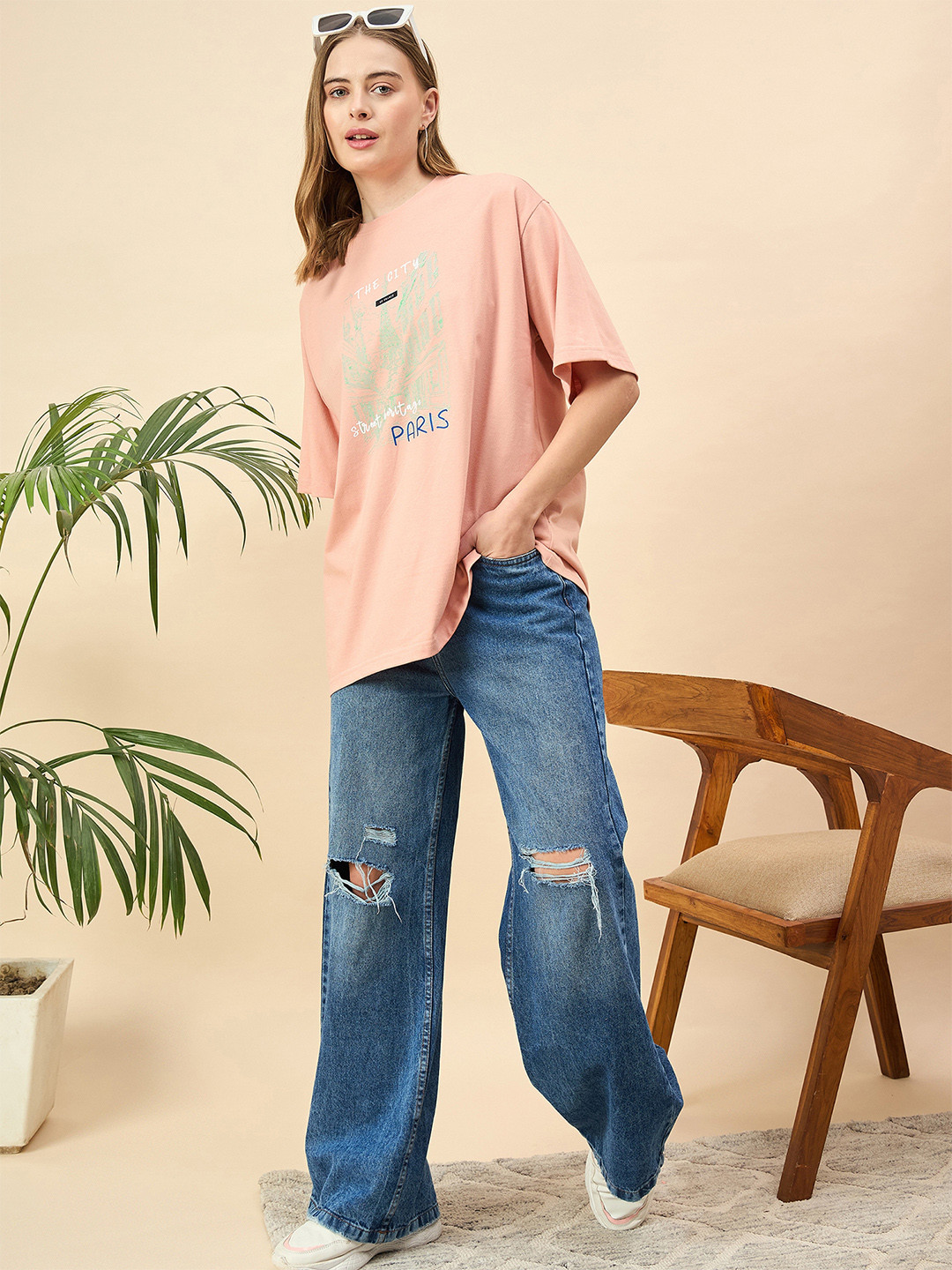 

Mast & Harbour Women Printed Drop-Shoulder Sleeves T-shirt, Peach