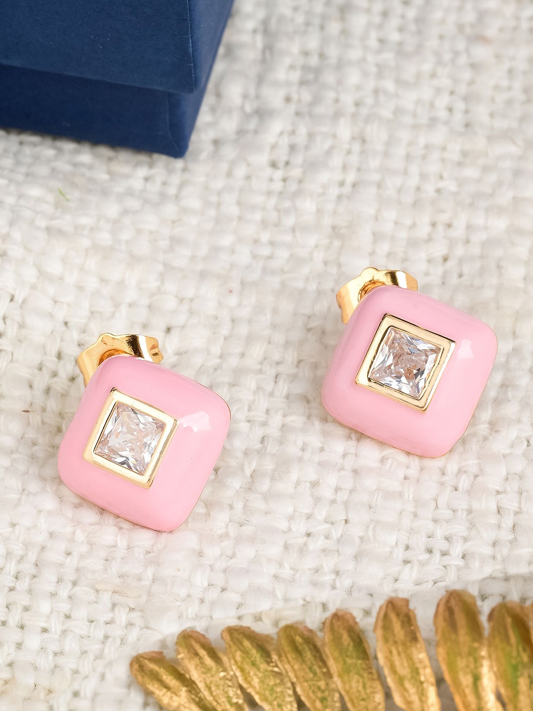 

Designbox Gold-Plated Artificial Beads Square Studs, Pink