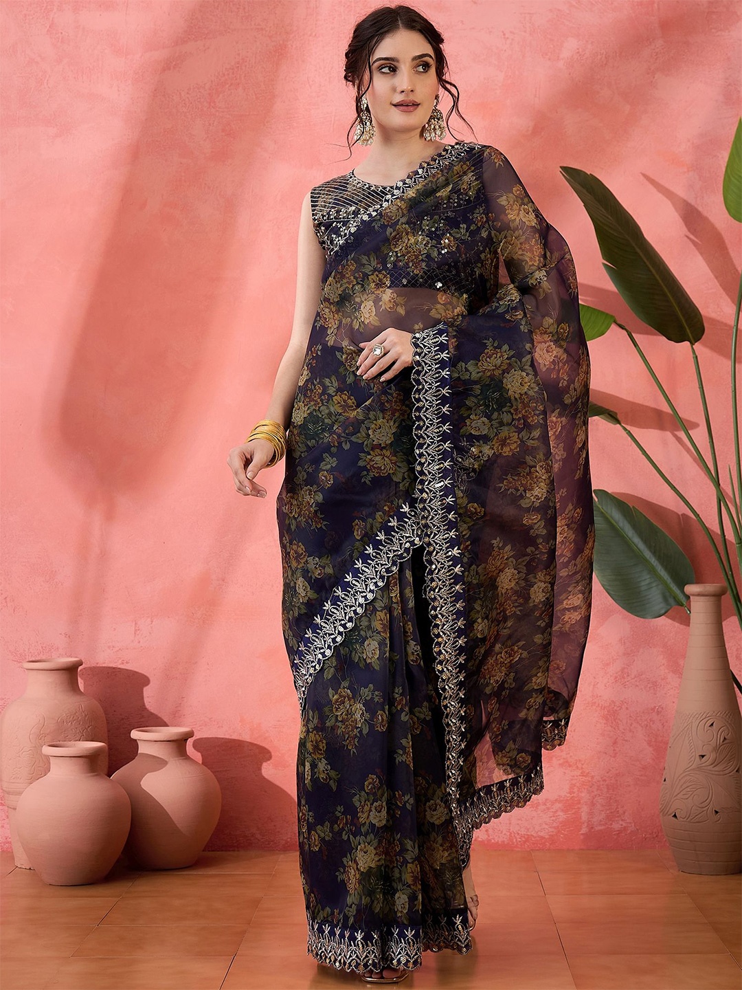 

Sangria Floral Printed Sequinned Embellished Organza Party Wear Saree, Navy blue