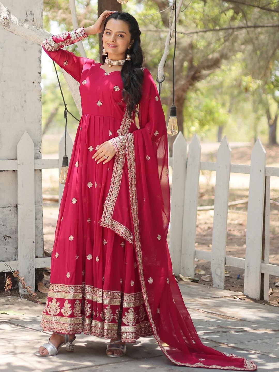 

Fashion Basket Women Embroidery Fit & Flared Anarkali Gown Ethnic Dresses With Dupatta, Pink
