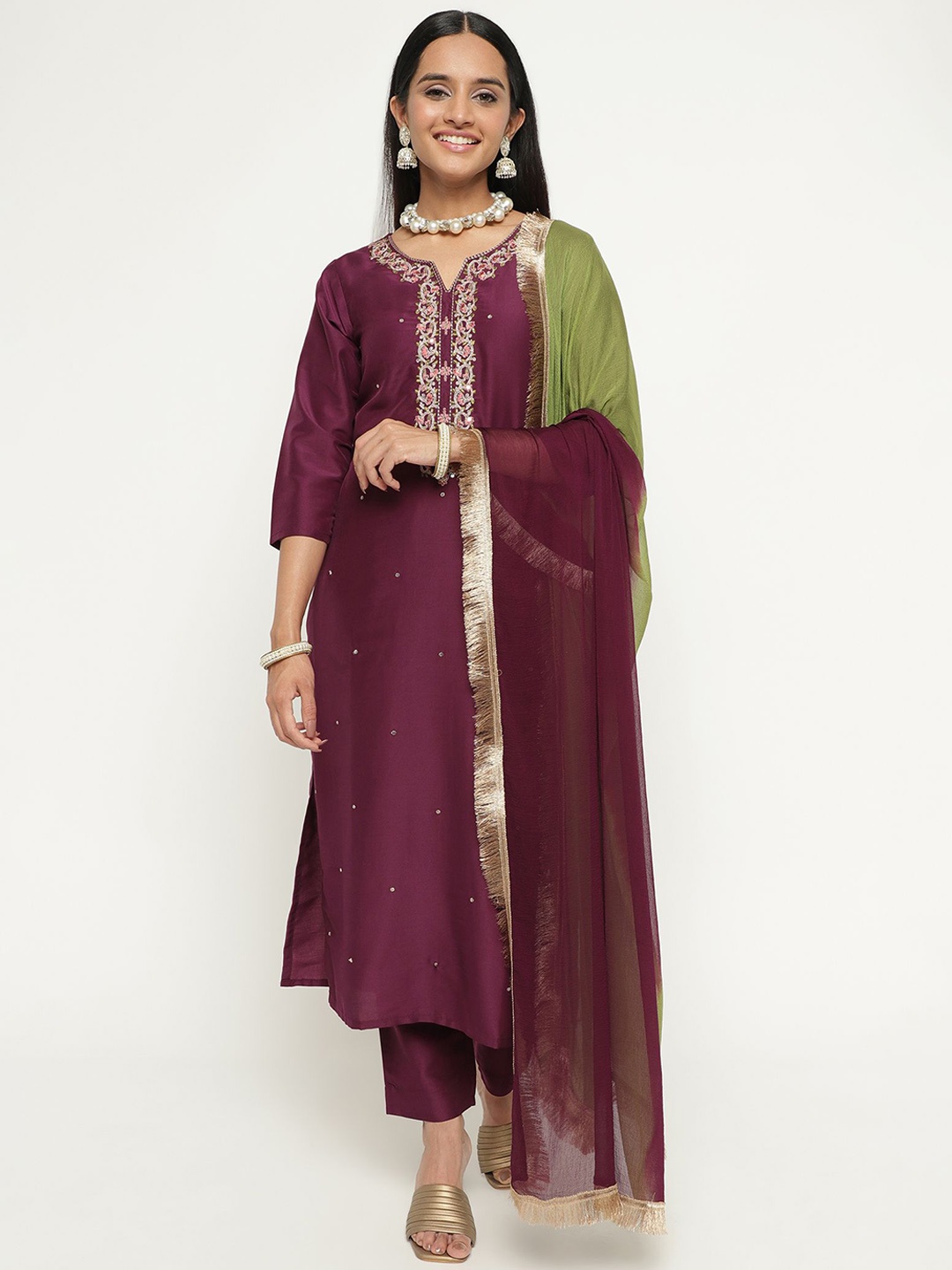 

AURIELLA Ethnic Motifs Embroidered Sequinned Notch Neck Kurta With Trousers And Dupatta, Purple