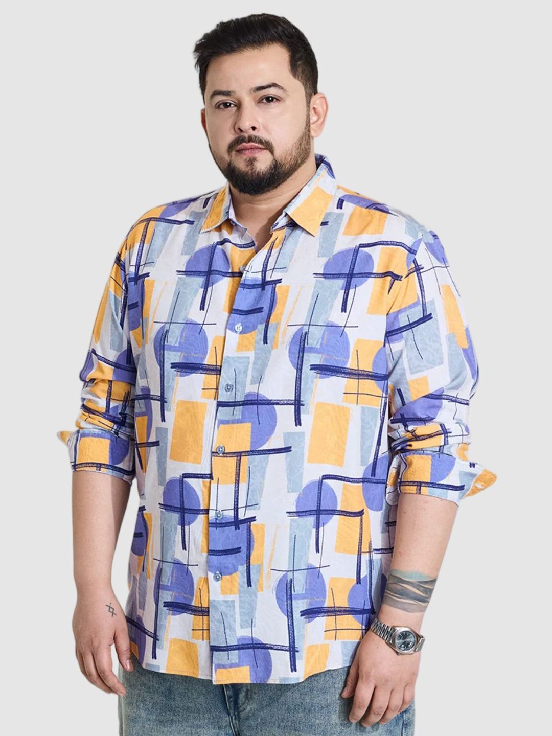 

Snitch Men Plus Size Classic Regular Fit Spread Collar Abstract Printed Casual Shirt, White