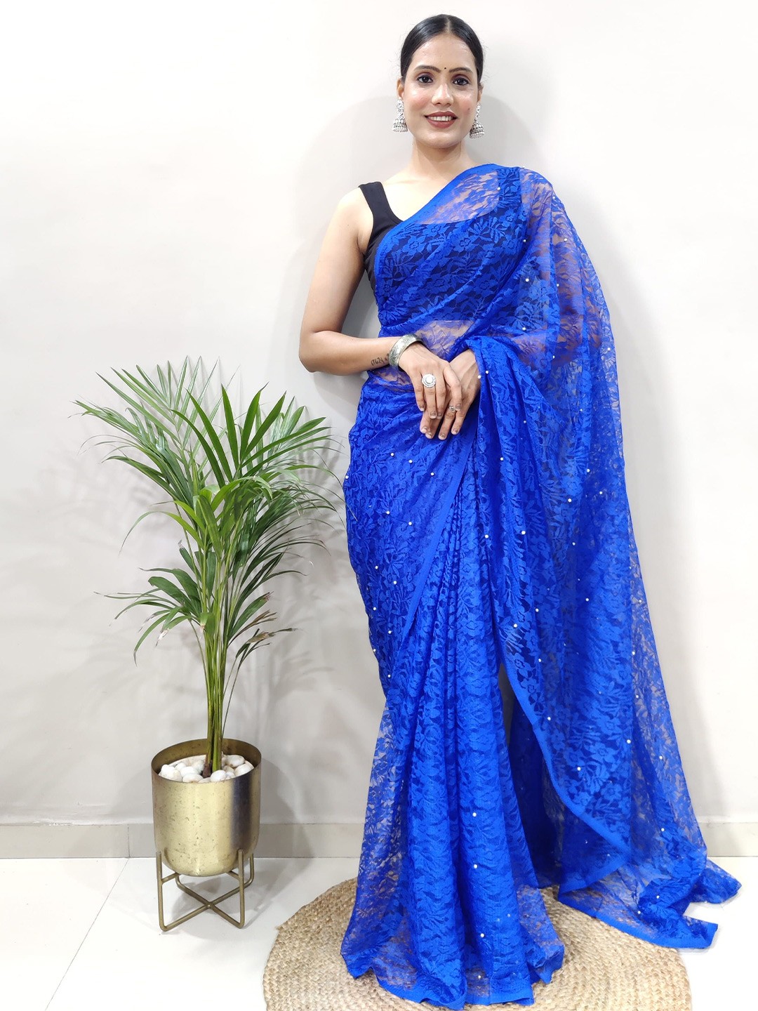 

HERE&NOW Woven Design Net Saree, Blue