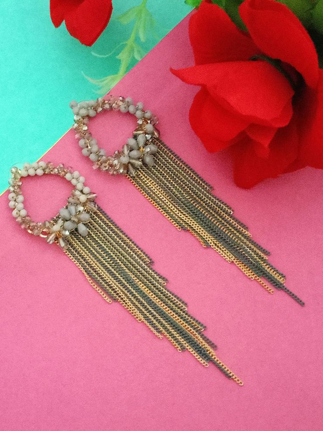

DIVASTRI Gold-Plated Contemporary Artificial Beads Tasselled Drop Earrings
