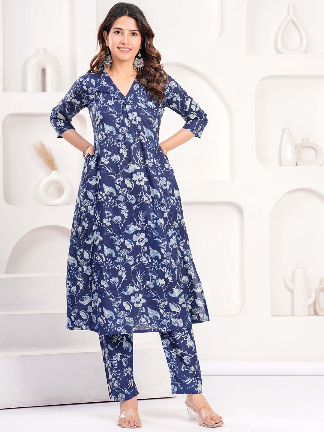 

Nayo Printed Two Piece Cotton Co-ord Set, Navy blue