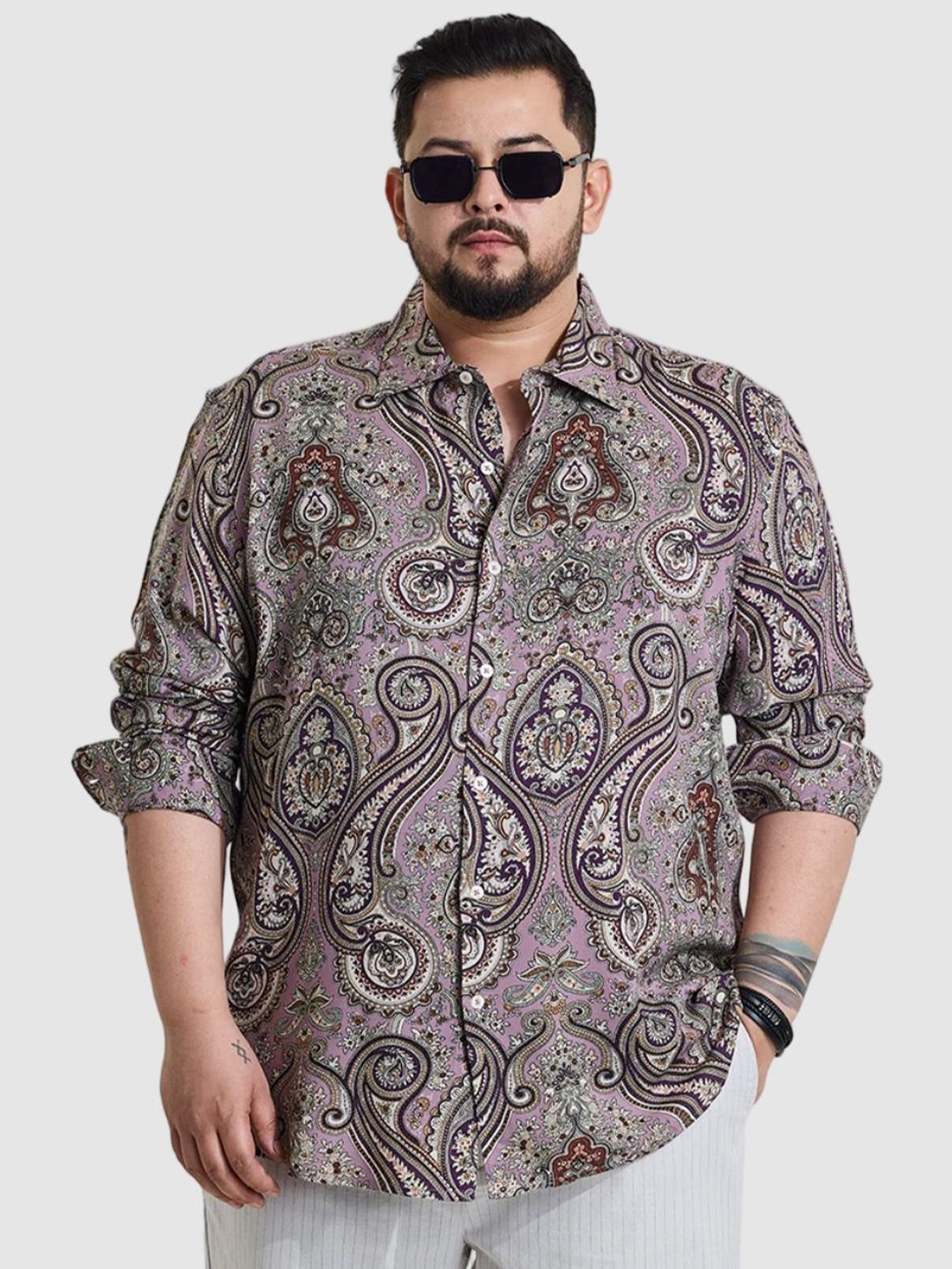 

Snitch Men Plus Size Classic Regular Fit Spread Collar Ethnic Motifs Printed Casual Shirt, Purple
