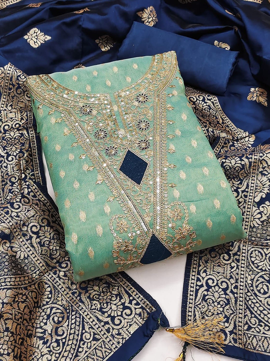 

BlissFlair Woven Design Beads And Stones Chanderi Cotton Unstitched Dress Material, Blue