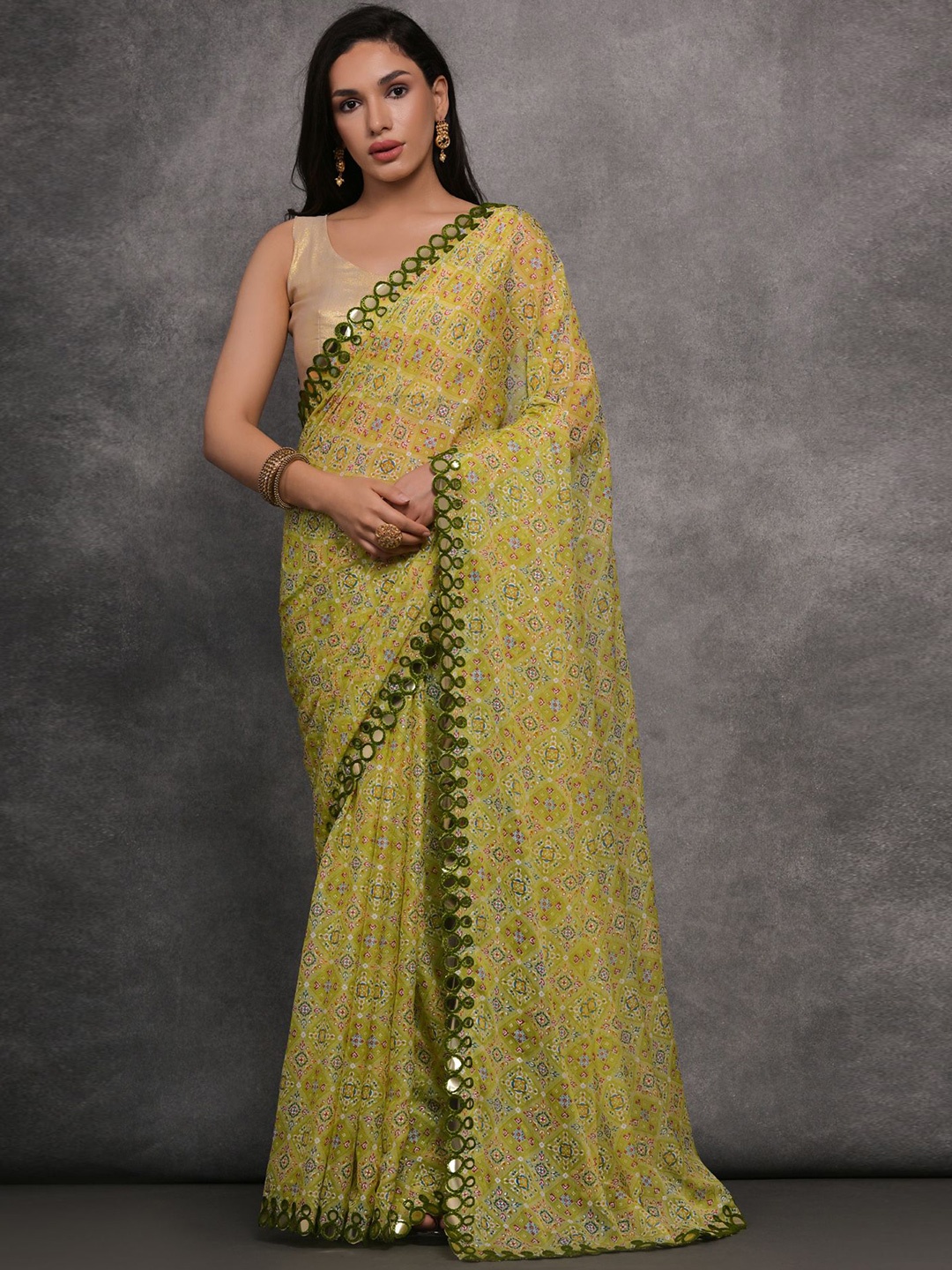 

LeeliPeeri Designer Printed Mirror Work Saree, Green