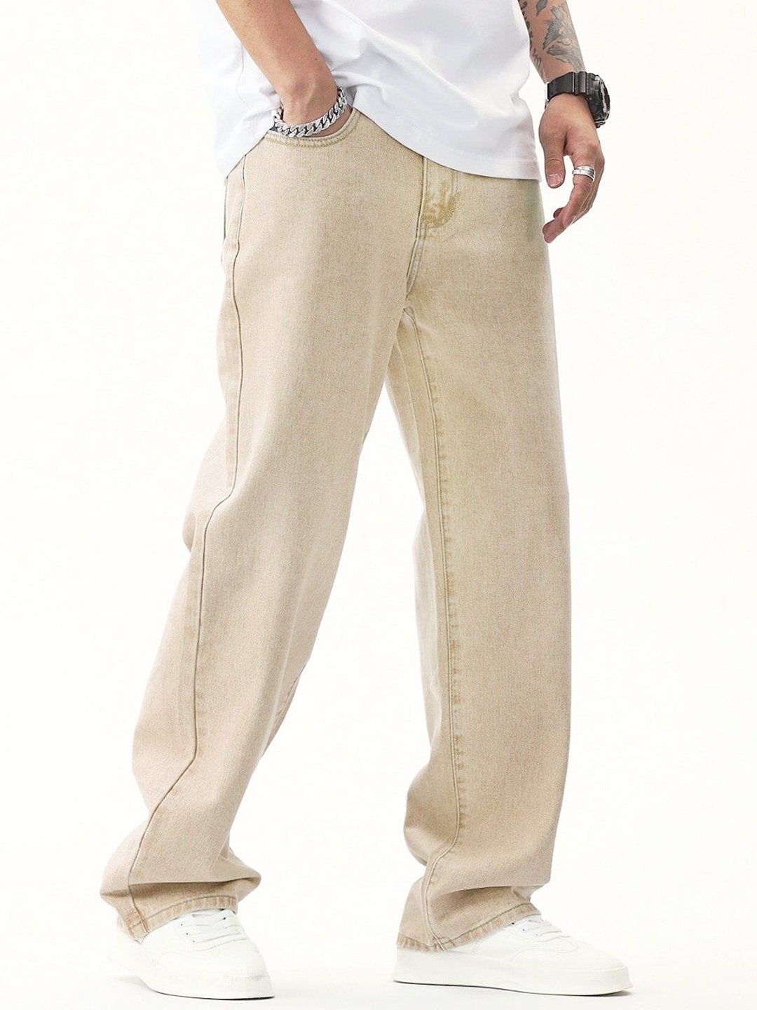 

MASTERLY WEFT Men's Super Straight Fit Stretchable Jeans, Beige