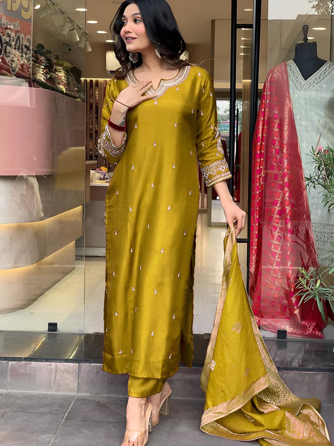 

VAAZI CREATOR Floral Embroidered Notch Neck Zari Straight Kurta With Trouser & Dupatta, Yellow